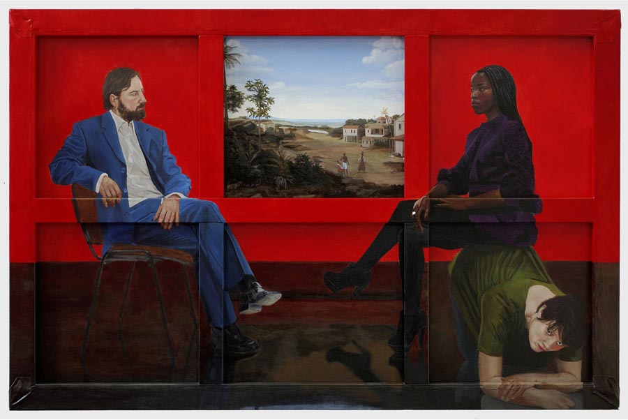 When Shall We 3? Scenes From The Life Of Njinga Mbandi (2010, oils, wood, staples on linen, 105 x 160cm — private collection)