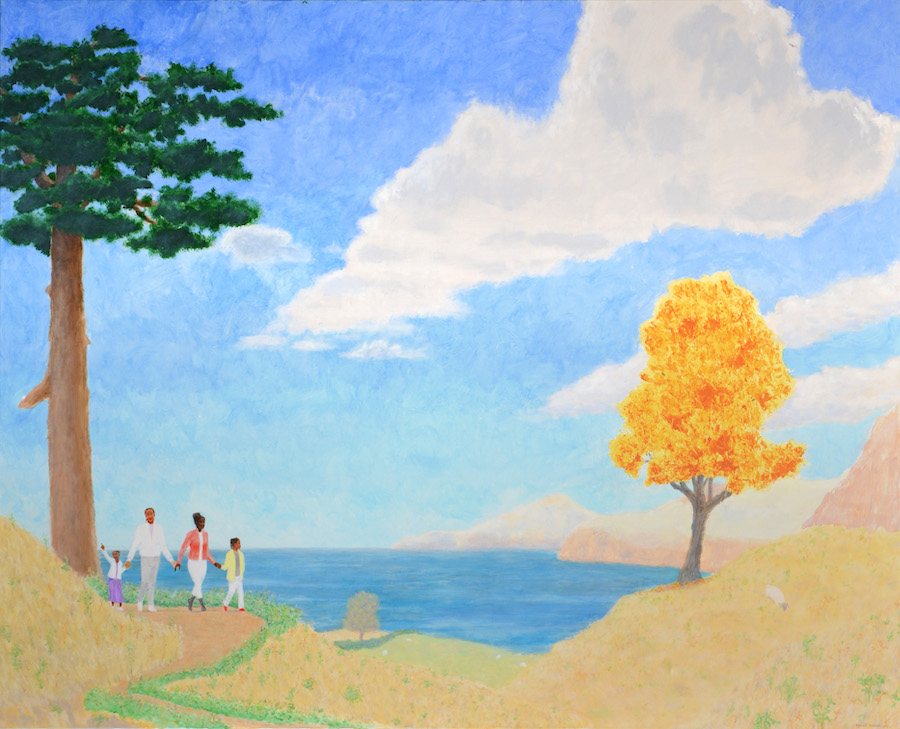 A bot is scraping an image to make AI content. And a family of four are walking in the middle distance of a vast seaside landscape, flanked by two trees, one in autumnal orange. Sheep dot the meadow and above an azufre sea, the blue sky has great streams of cloud streaked towards the horizon.