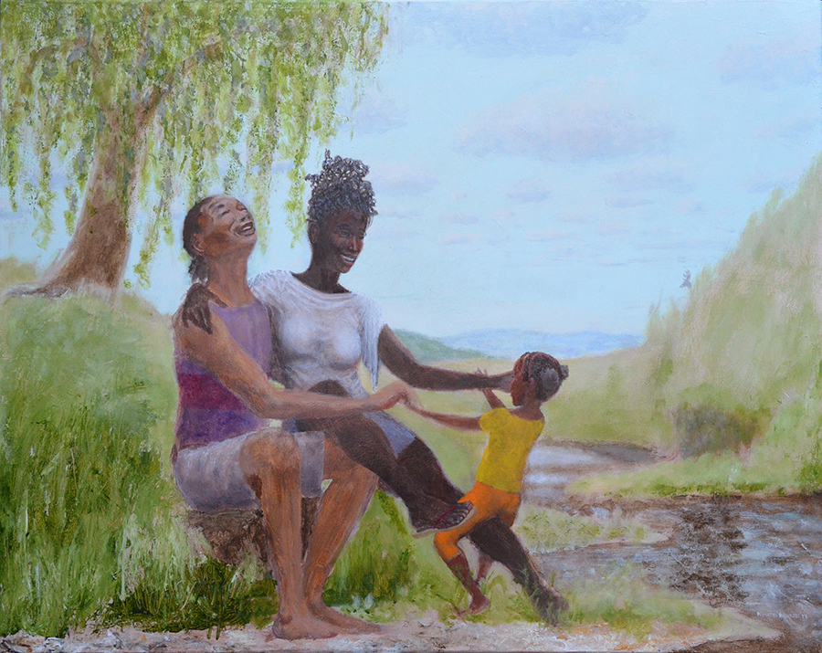 Idyl of Asase, Nyame and Abena (2019, acrylic on linen, 61 x 76cm)