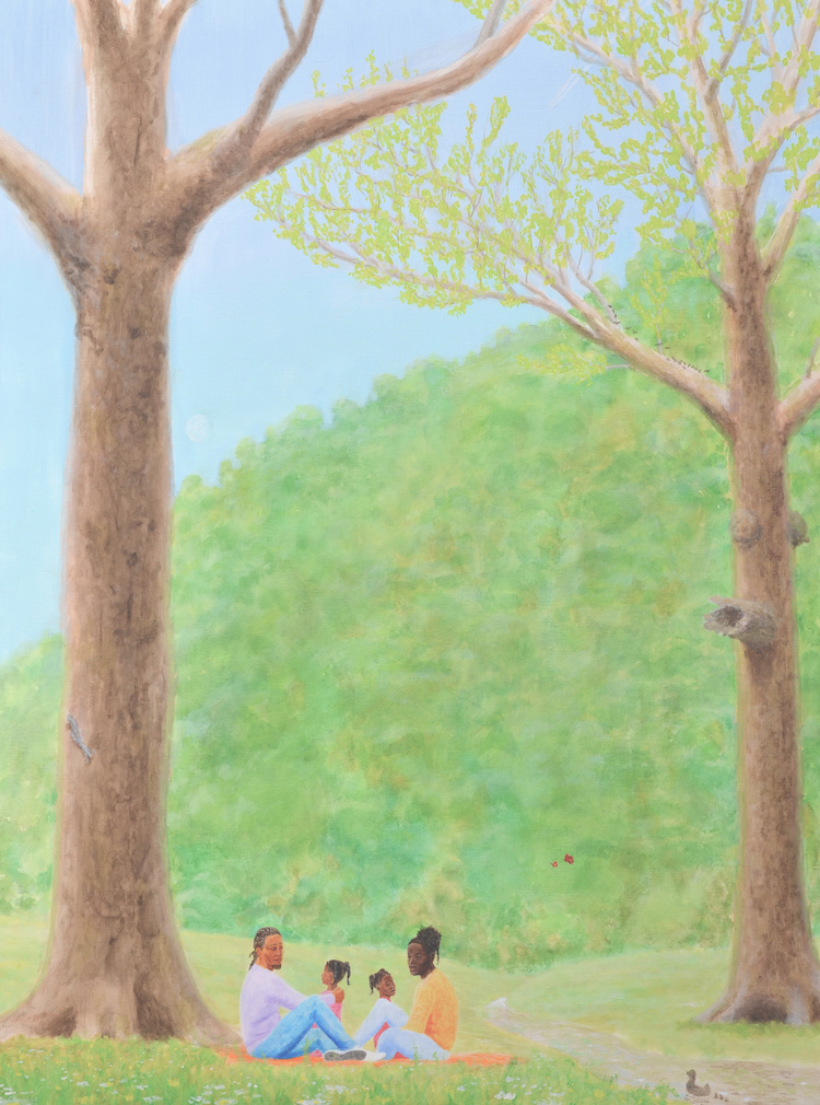 A digital bot is scraping an image to make AI content. And also, a family of four sit in the middle distance of a meadow, close to a stream on which a duck and ducklings paddle. The family are flanked by two towering trees with budding leaves. Beyond a vast green slope, towers into the blue sky.