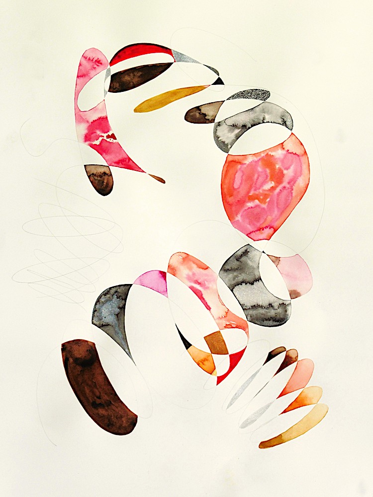 Coiled (2026, watercolour and graphite on paper, 46 x 61cm)Curvy (2026, watercolour and graphite on paper, 61 x 46cm)