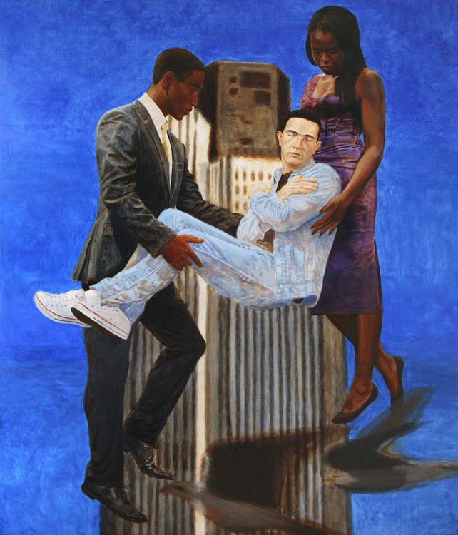 Jean Charles Menenzes borne aloft by Joy Gardner and Stephen Lawrence (2010 Oil on canvas 190 x 160 cm)