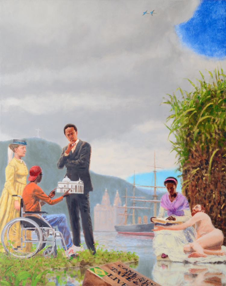Maria Firmina dos Reis reads to Henry Tate: Luís Gama, Donald Rodney and Isabel Braganza confer (2014 oil on canvas 100 x 80cm)