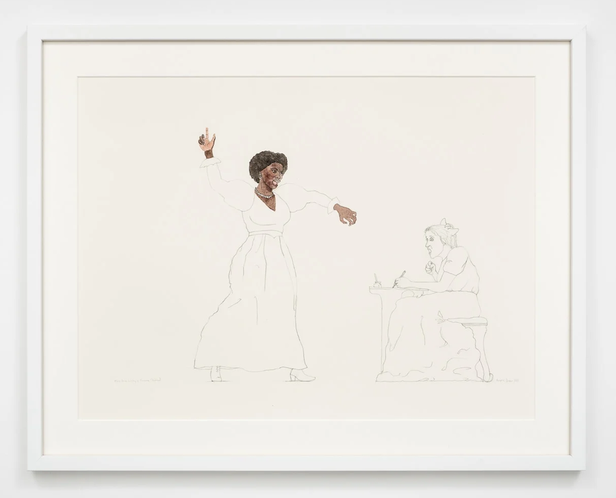 Mary Prince Dictating to Susannah Strichland (2023 Watercolour, pen and graphite on Arches paper 39.5 x 49.5 cm)