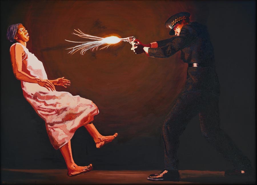 Under Fire: The Shooting of Cherry Groce (2005, oil on linen, 121 x 182cm, Collection of Sharjah Art Foundation)